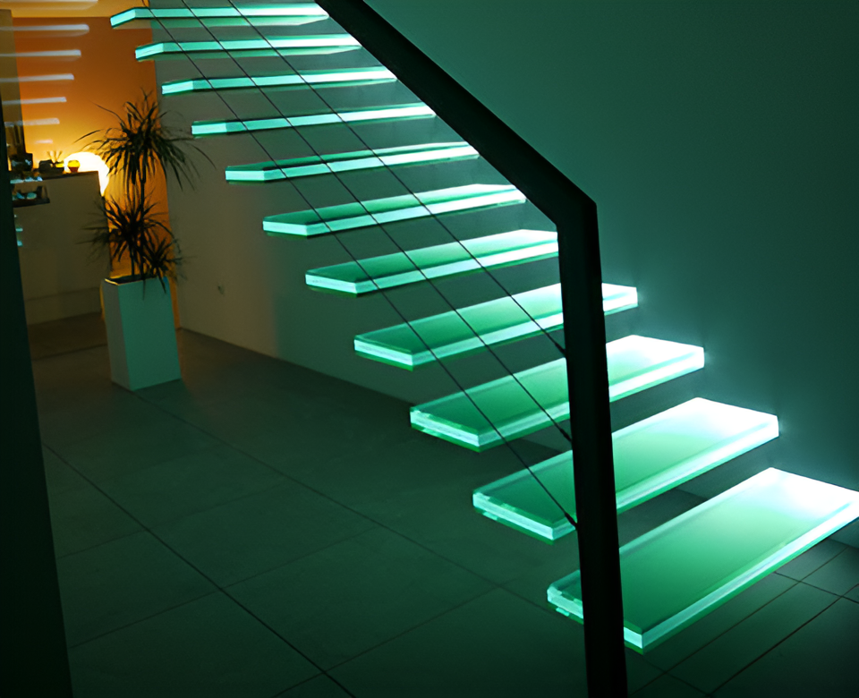 Floating glass staircase with green LED lighting mounted on the wall